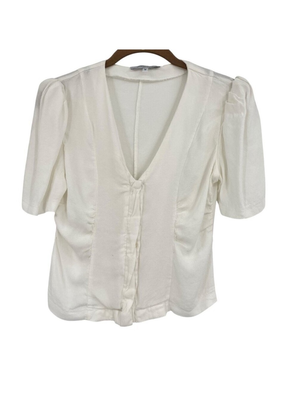 OLIVACEOUS Women's M White V-Neck Short Sleeve Button Up Top Rayon
